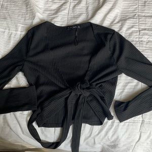 Tie Front Ribbed Long Sleeve Crop Top